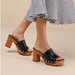 New Lulus Womens Boho Jaylani Clog Sandals Studded Platform Sz 9 Black Wood Heel